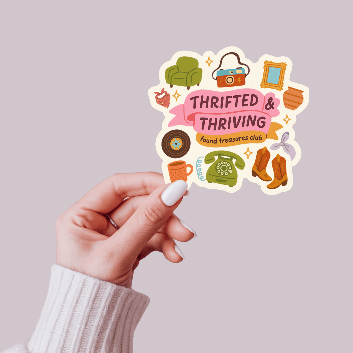 Thrifted & Thriving Sticker – Retro Vinyl for Vintage Lovers