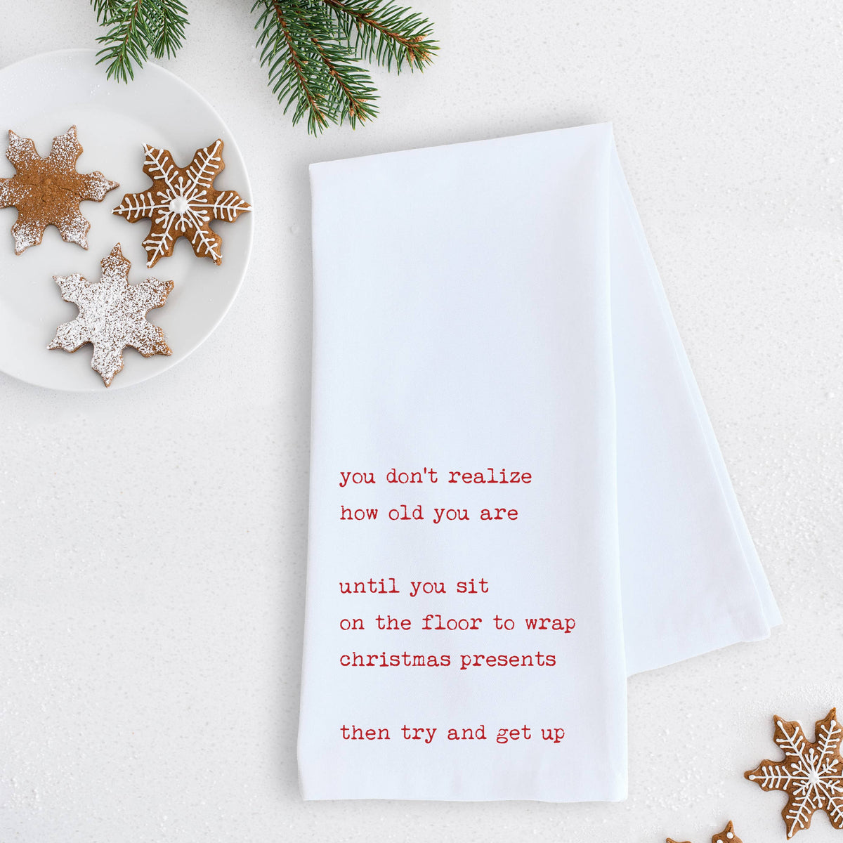 Sit On The Floor To Wrap Christmas Presents - Tea Towel - RED