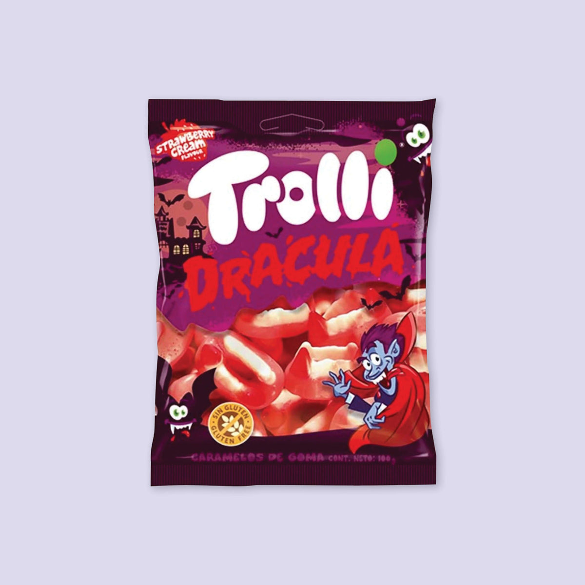 On a lavender background sits a bag of Trolli Dracula Strawberry Cream gummies.
