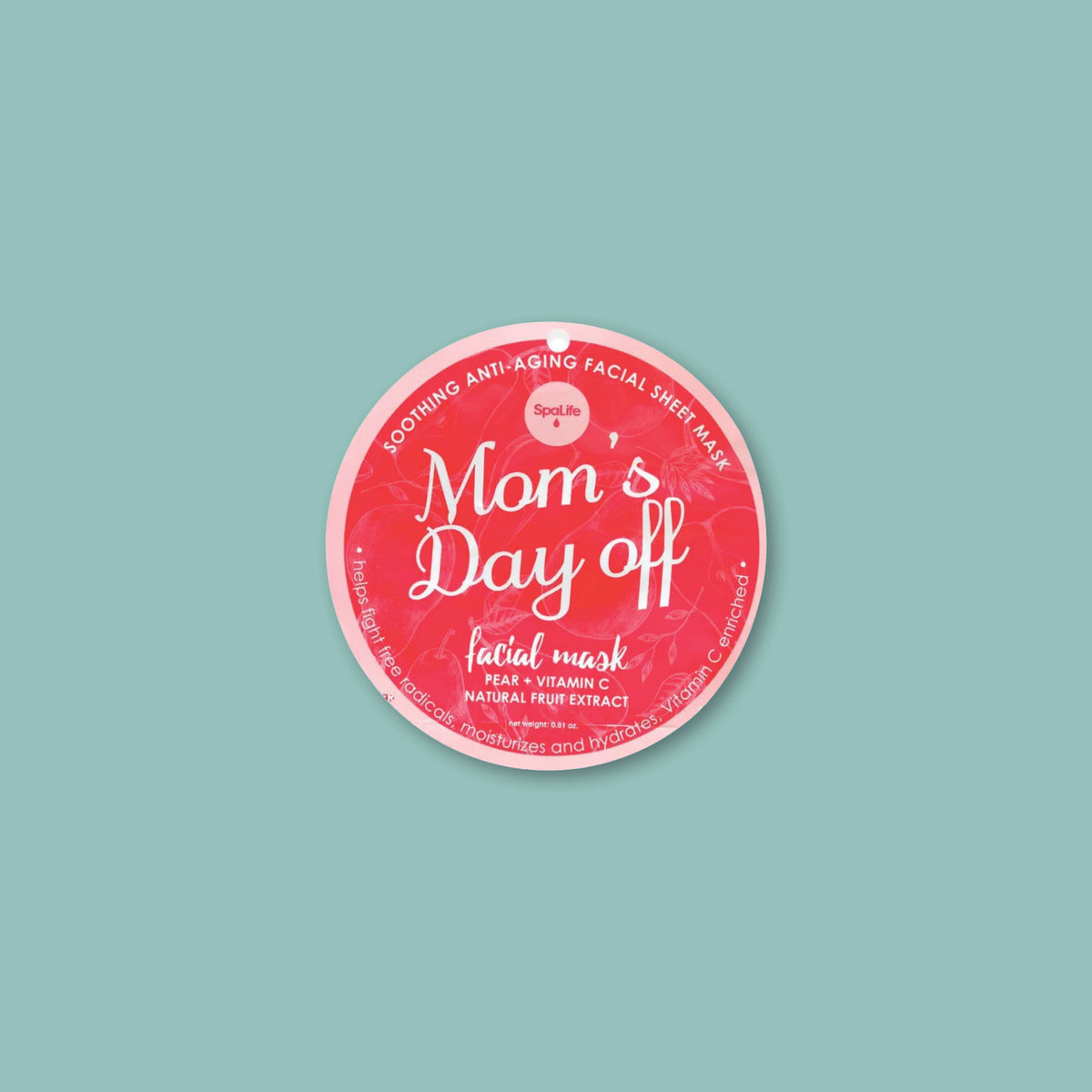 On a turquoise background sits a dark pink circular package containing a Mom's Day Off Facial Mask from Spa Life in gift box with white crinkle paper.