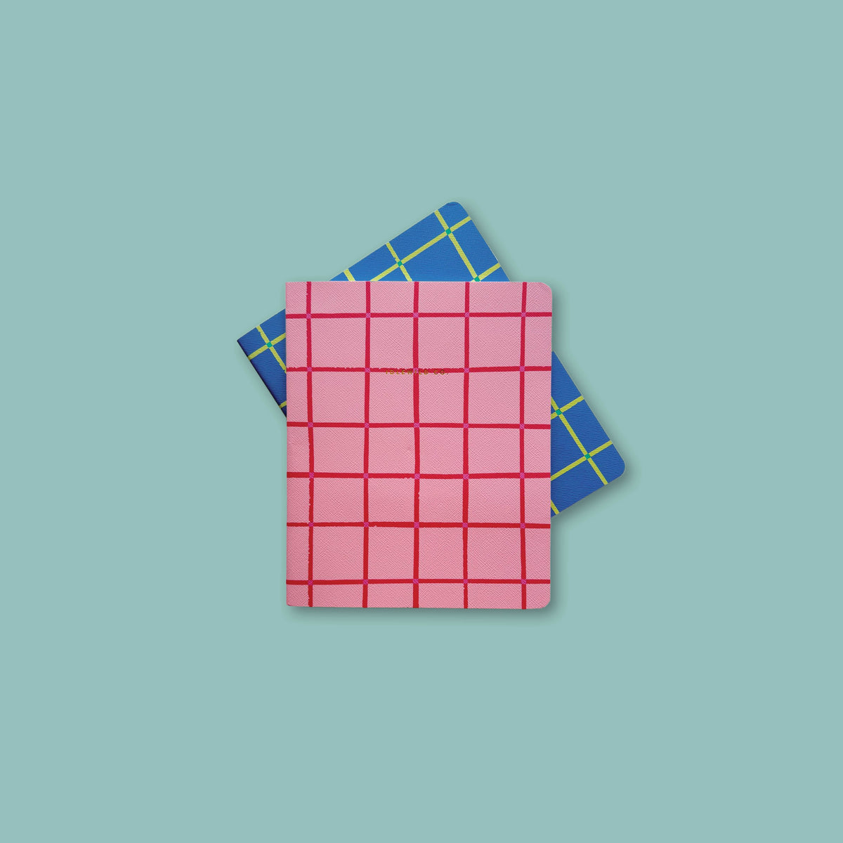 On a turquoise background sits two notebooks the top one pink with darker pink plaid stripes and the bottom one blue with yellow plaid stripes from Idlewild Co. Each contains 48 pages of paper.