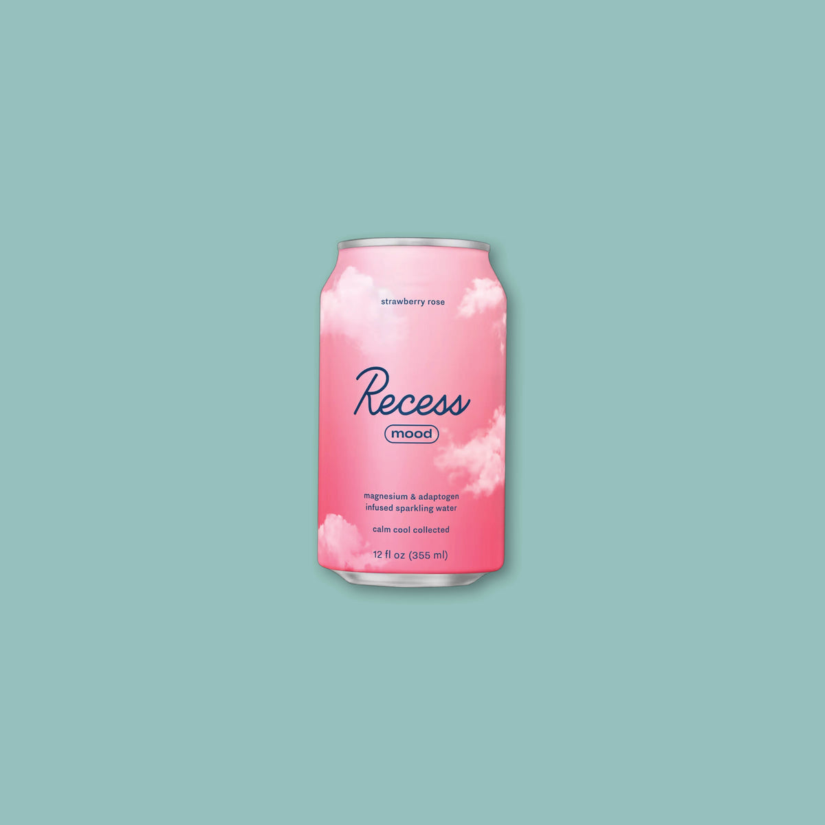 On a turquoise background sits a 12 fl. oz. pink can with white clouds containing Strawberry Rose beverage from Recess.