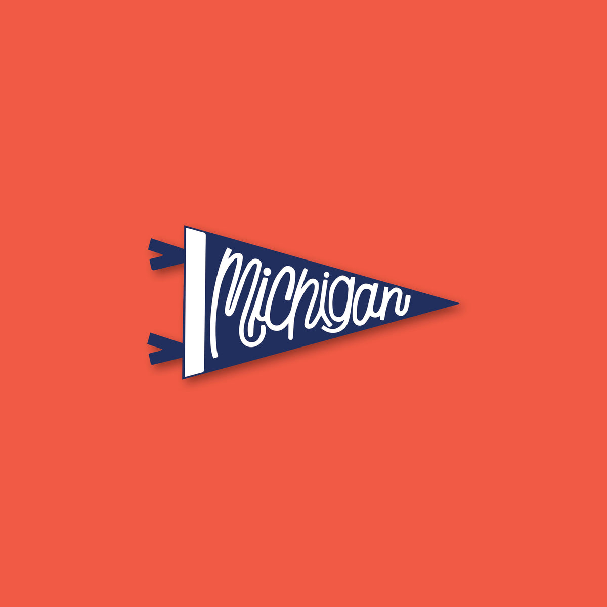 On a tomato red background sits a small blue pennant shape sticker that says Michigan in white script writing.