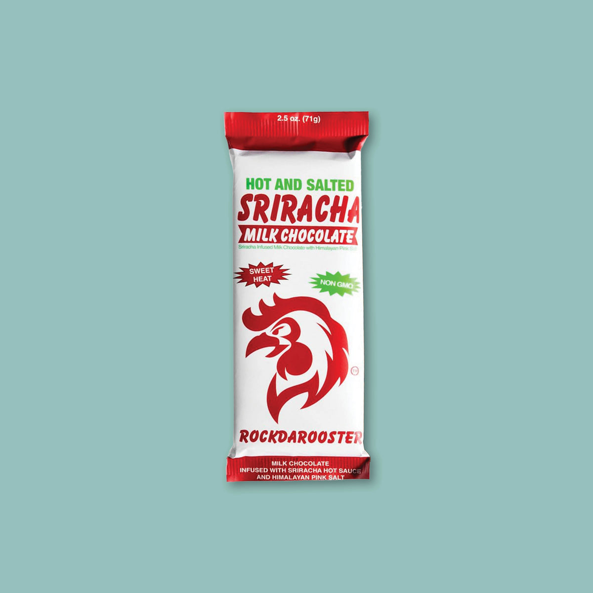 On a teal background sits a Sriracha flavored milk chocolate bar with a white wrapper with red writing and rooster logo.