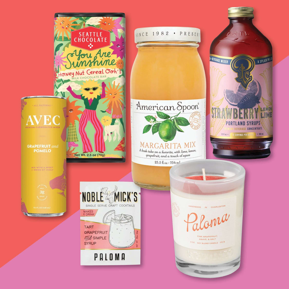 On a raspberry pink background sits an assortment of cocktail mixes and a chocolate bar. There is a can of AVEC GRAPEFRUIT and POMELO PREMIUM CARBONATED MIX, a single serve packet from NOBLE MICK'S in a TART GRAPEFRUIT and SIMPLE SYRUP PALOMA FLAVOR, a bottle of American Spoon MARGARITA MIX, a "You Are Sunsine," "Honey Nut Cereal Ooh's" MILK CHOCOLATE BAR, a PINK GRAPFURIT, AGAVE, & SALT scented Paloma candle, and a STRAWBERRY LEMON LIME syrup from PORTLAND SYRUPS.